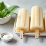 Three sugar-free popsicles placed on a white plate, with bowls of natural sweetener, powdered sugar substitute, and fresh basil leaves displayed nearby.