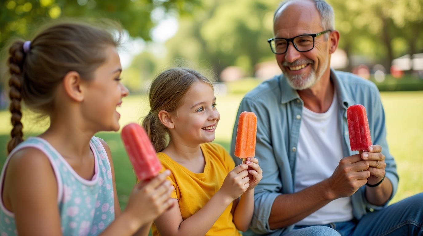 A family enjoying sugar-free popsicles together in a park, with two young girls and an older man smiling and holding vibrant red popsicles.
