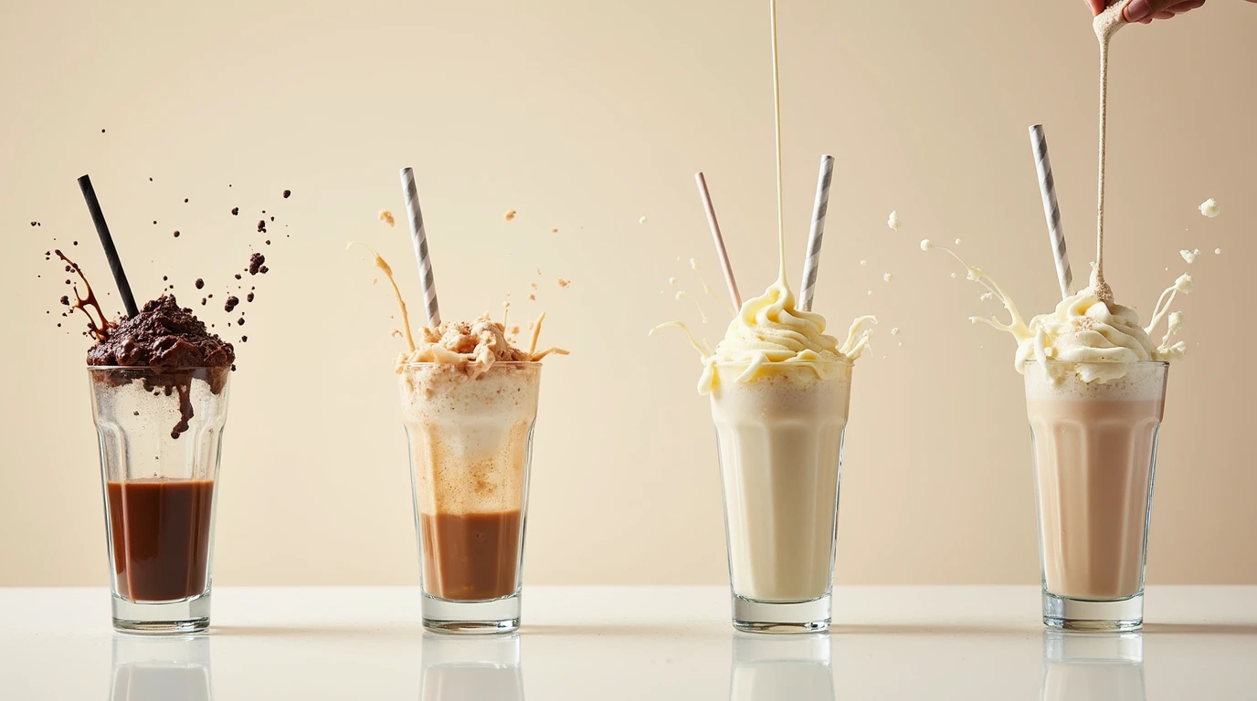 A joyful scene of someone savoring a thick, creamy milkshake with a spoon lifting its rich texture. The background features a cozy home kitchen or café with a soft, inviting atmosphere, emphasizing the indulgence of the perfect milkshake.